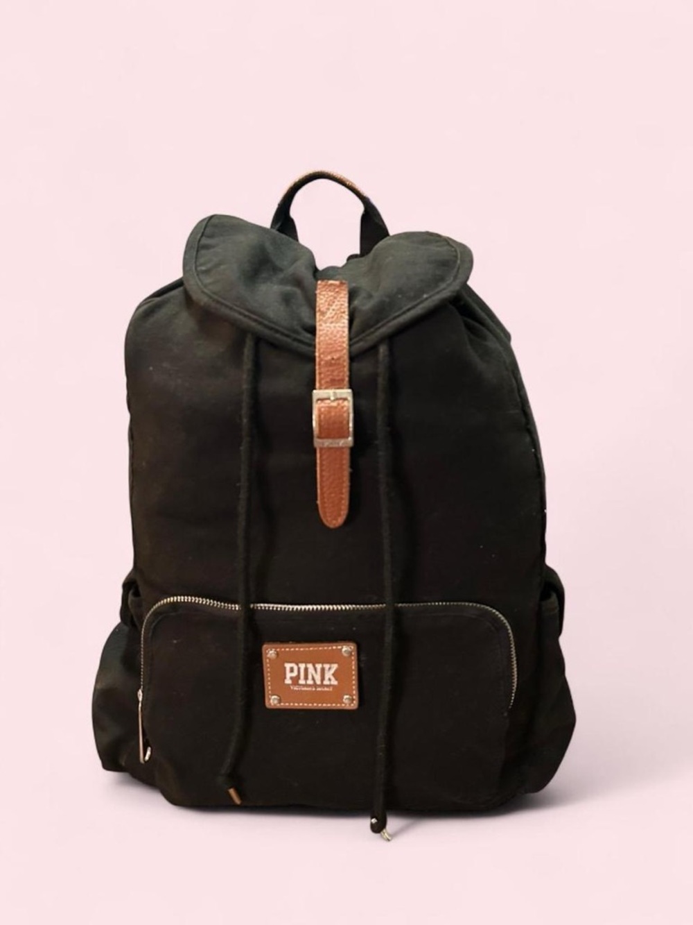 PINK Victoria's Secret Black Canvas Backpack with Brown Strap Accent